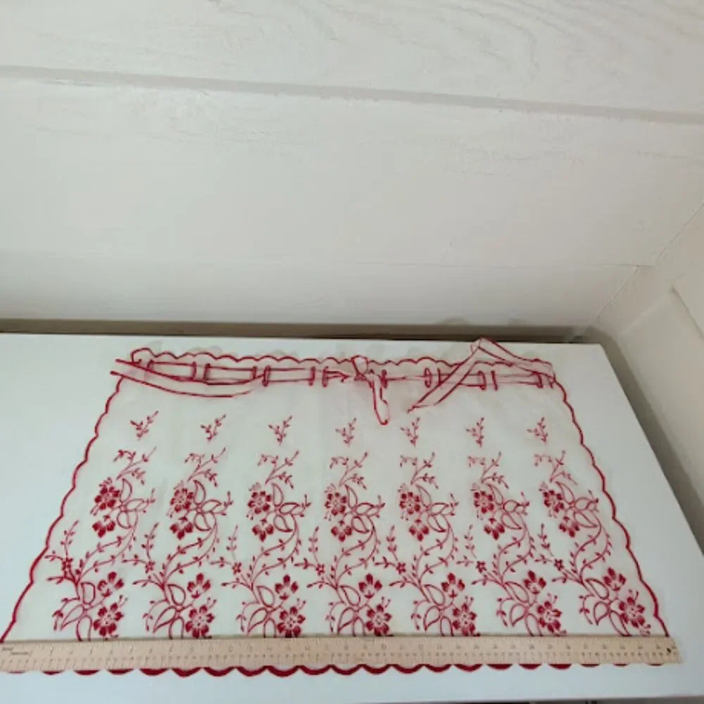 Vintage 1950s Sheer Hostess Apron – Red Floral Embroidery & Scalloped Edge